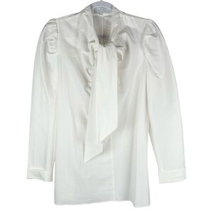 Pearl Lela Rose White Tie Bow Neck Puff Long Sleeve Poplin Blouse Shirt Size 6